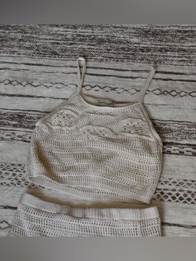 Neutral Crochet Knit Skirt Set with Spaghetti Strap Crop Top